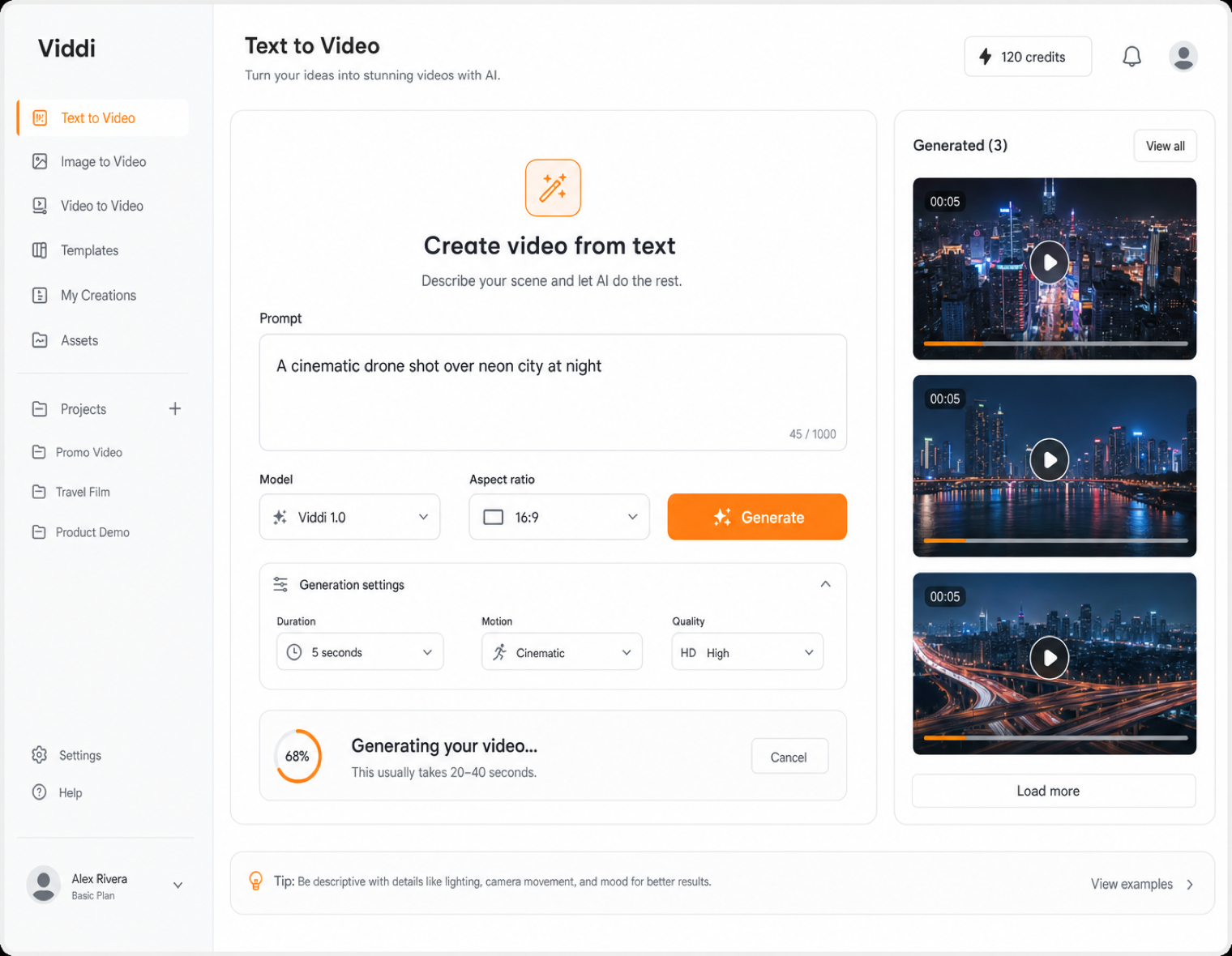 AI video generation interface showing text-to-video results